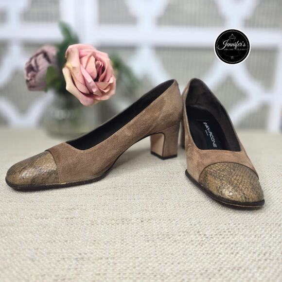Evan-Picone Brown Suede and Snakeskin Square Toe Pump Size 7M - Picture 1 of 16
